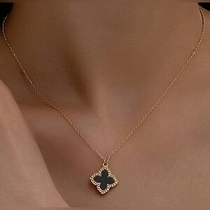 Gold Tone & Black Clover Necklace New